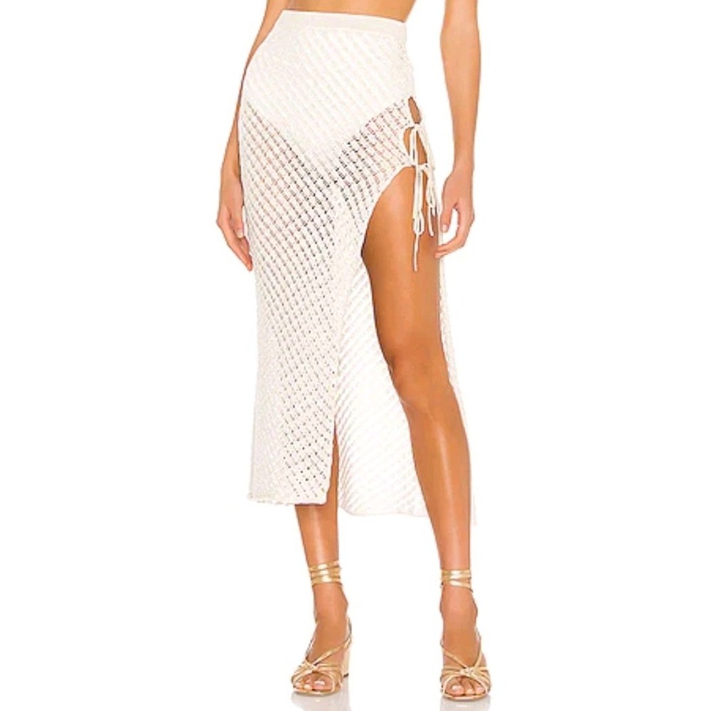 CAMILA COELHO X Revolve Offshore Crochet Midi Skirt Ivory Gold Cover-up Beach L